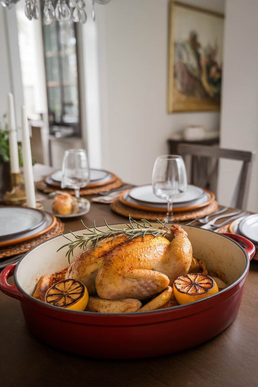 A ceramic roasting dish on an indoor dining table featuring a golden spatchcock chicken garnished with rosemary sprigs and charred lemon halves; no text or logos. Photo.