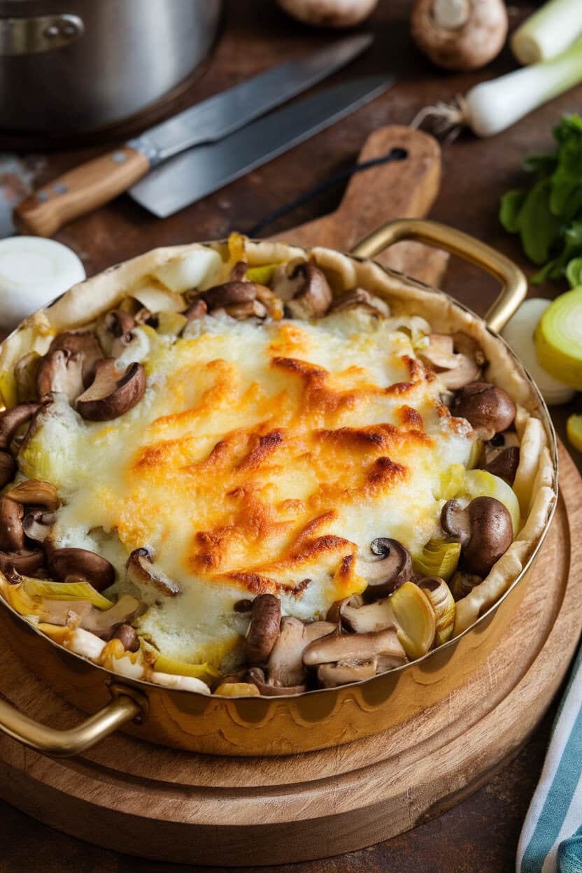 Indoor scene with a casserole dotted by sautéed mushrooms and leeks under a bubbly Gruyère topping, golden edges. No visible logos. Photograph.