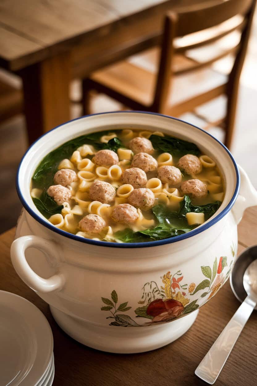 Indoor soup tureen filled with Italian wedding soup—tiny meatballs, acini di pepe pasta, and bright green spinach in chicken broth. Photo only, no text or logos.