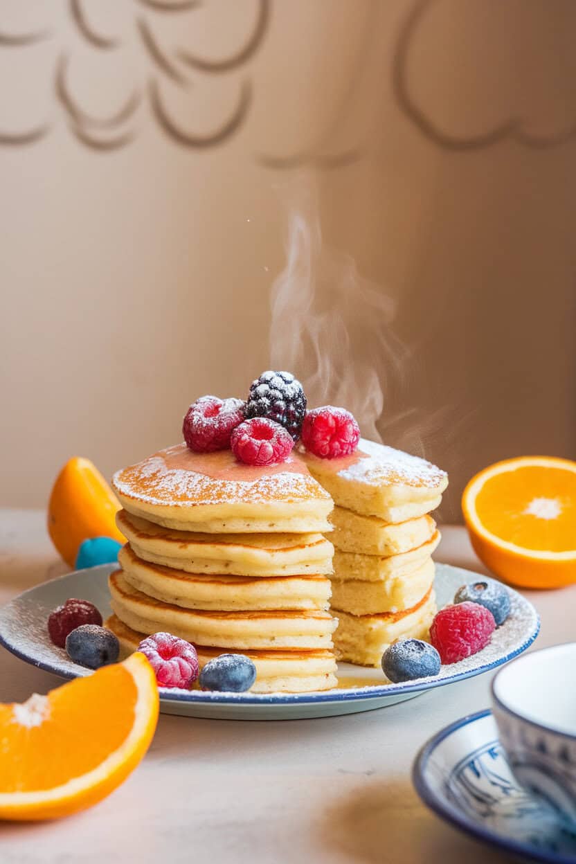 A brightly lit indoor breakfast table featuring a stack of fluffy lemon-ricotta pancakes topped with fresh berries and a light dusting of powdered sugar, steam gently rising—photo, no text or logos