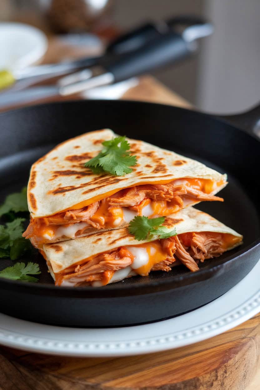 Indoor nonstick skillet with a sliced quesadilla showing melty cheese, shredded barbecue chicken, and bright cilantro inside. No text or logos on cookware or plates.