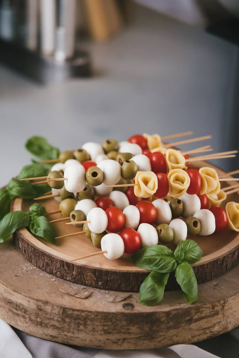 Indoor photo of skewers alternating mozzarella, olives, tortellini, and cherry tomatoes, arranged on a platter. No text or logos.