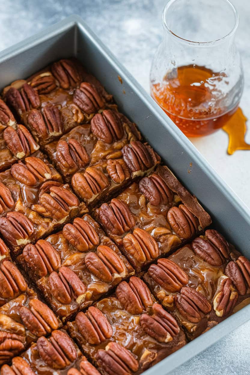 An indoor baking pan of pecan pie bars cut into neat rectangles, glossy pecan topping glistening, a splash of bourbon bottle cropped out of frame. No text or logos visible. Photo, not illustration.