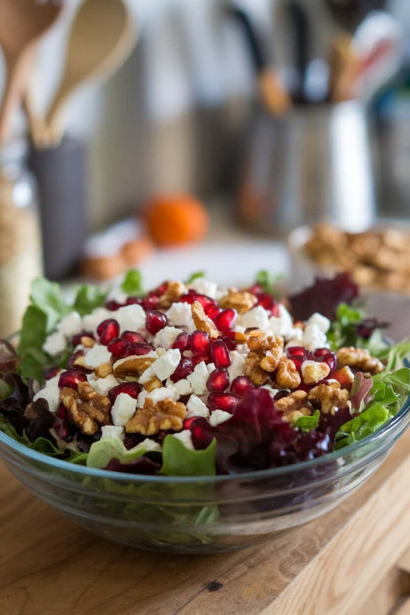 An indoor salad bowl filled with mixed greens, pomegranate arils, feta crumbles, and toasted walnuts—no text or logos.