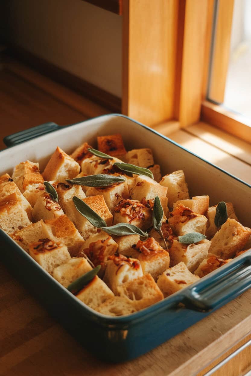 A warmly lit indoor kitchen counter showing a ceramic baking dish filled with golden-brown bread cubes dotted with green sage leaves and bits of caramelized onion, photographed from a slight overhead angle. No text or logos; photo, not illustration.