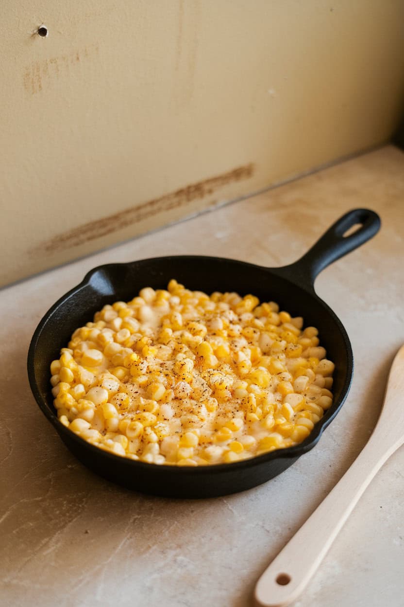 Photo of a small cast-iron skillet indoors brimming with creamy corn kernels flecked with black pepper, no text or logos.