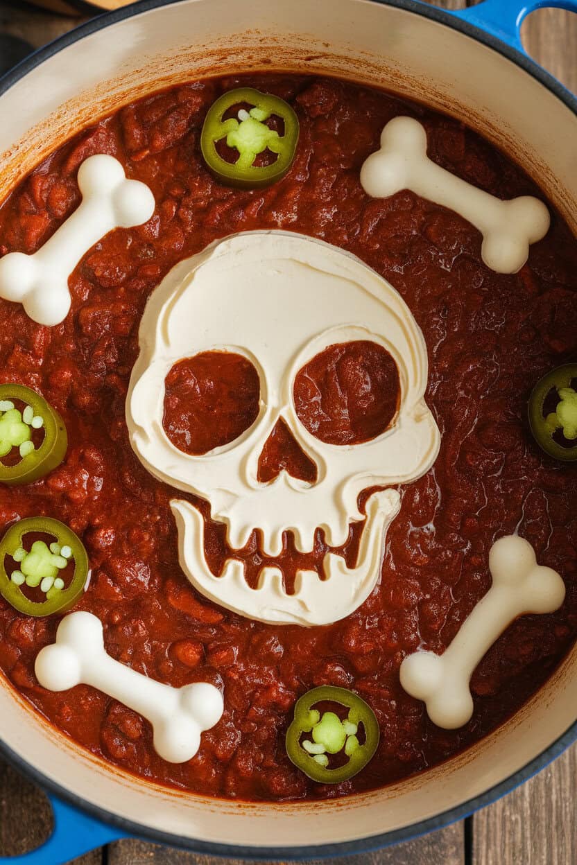 An indoor Dutch oven filled with deep red beef chili, a sour-cream skull design piped on top, surrounded by jalapeño “bones.” No text or logos, photo only.