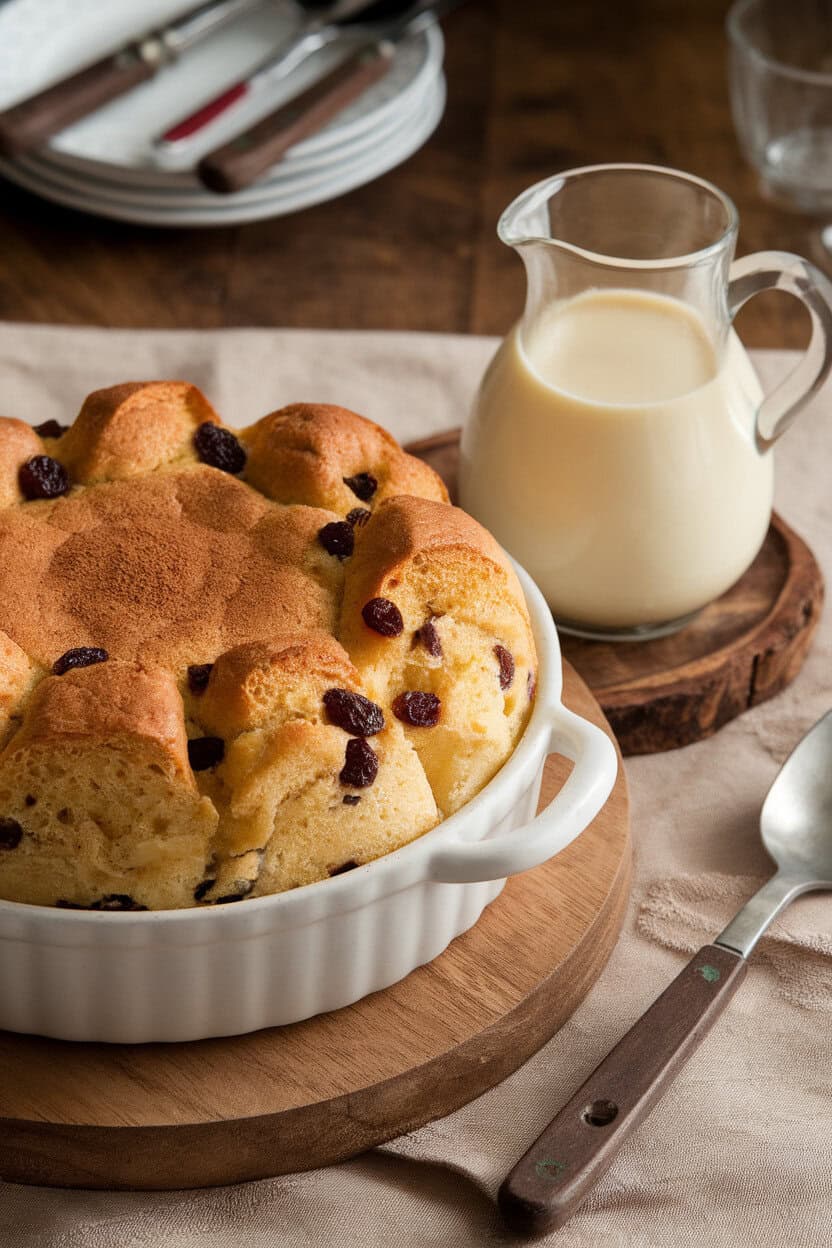 An indoor casserole dish of golden panettone bread pudding studded with raisins, served with a pitcher of vanilla sauce; photo, no text or logos.