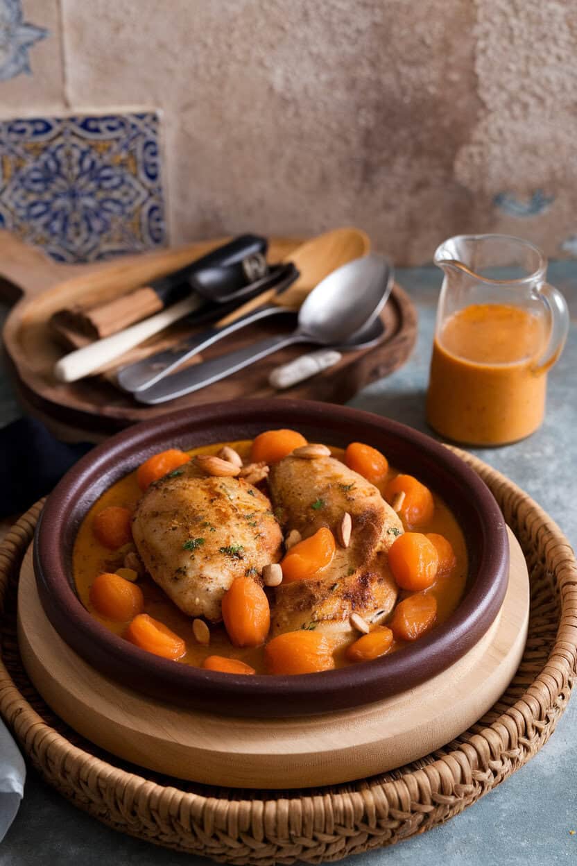 An indoor dinner table with a shallow dish of Moroccan chicken tagine featuring apricots and almonds in a saffron-spiced sauce; no text or logos; photo