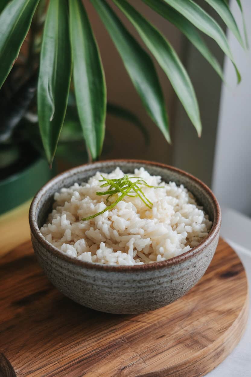 Indoor ceramic bowl of fluffy white rice infused with coconut milk, lime zest sprinkled on top. Soft lighting; no logos or text. Photo only.