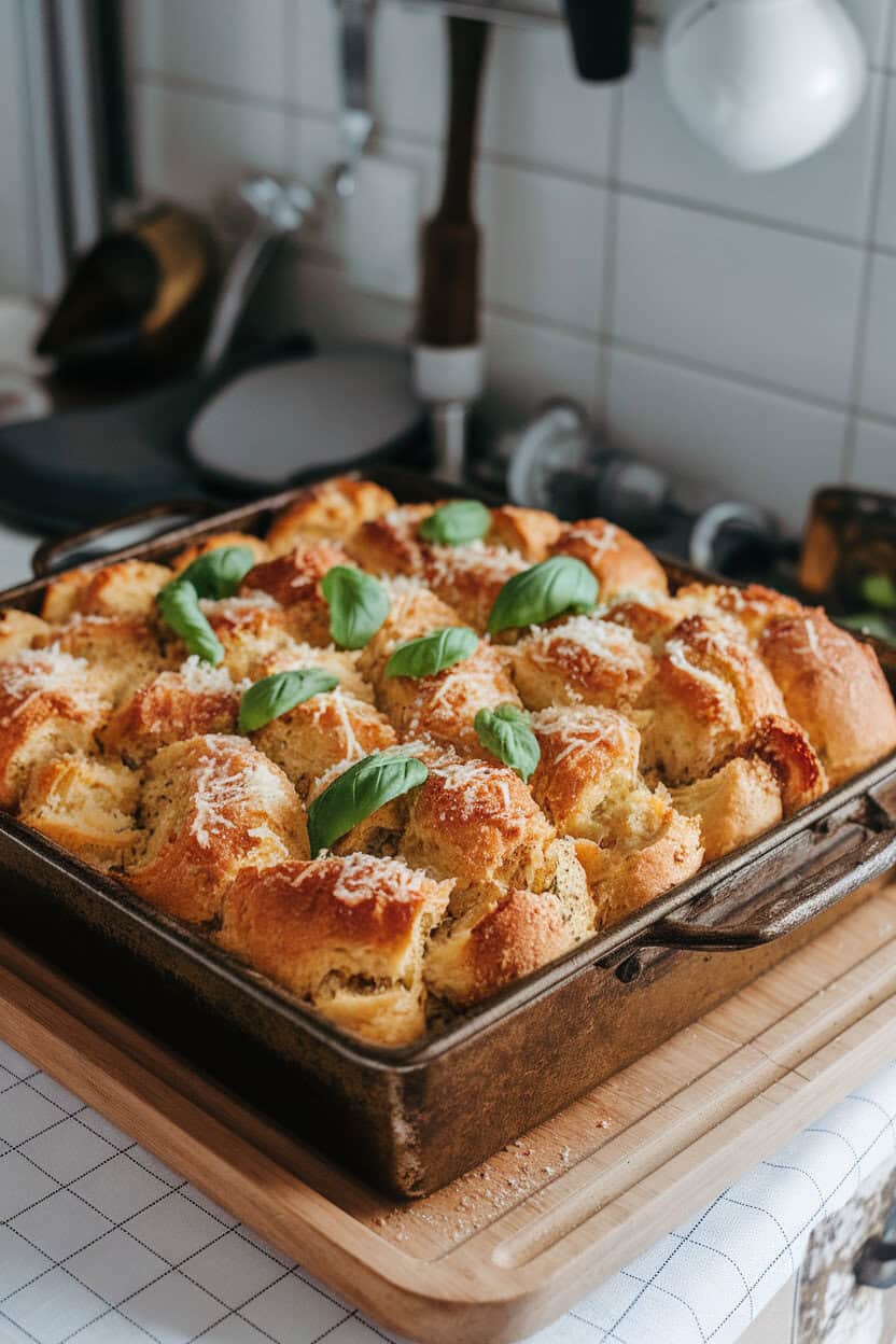 An indoor kitchen countertop displaying a rustic baking pan of golden ciabatta stuffing sprinkled with grated Parmesan and fresh basil ribbons. No text or logos; photo, not illustration.