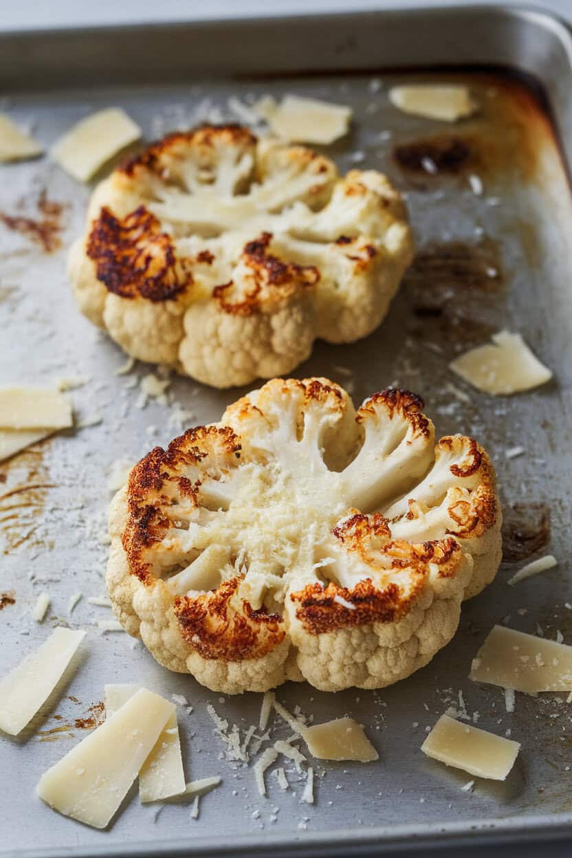 A baking sheet holding two roasted cauliflower “steaks” sprinkled with grated Parmesan, photographed indoors with soft overhead light, no text or logos.