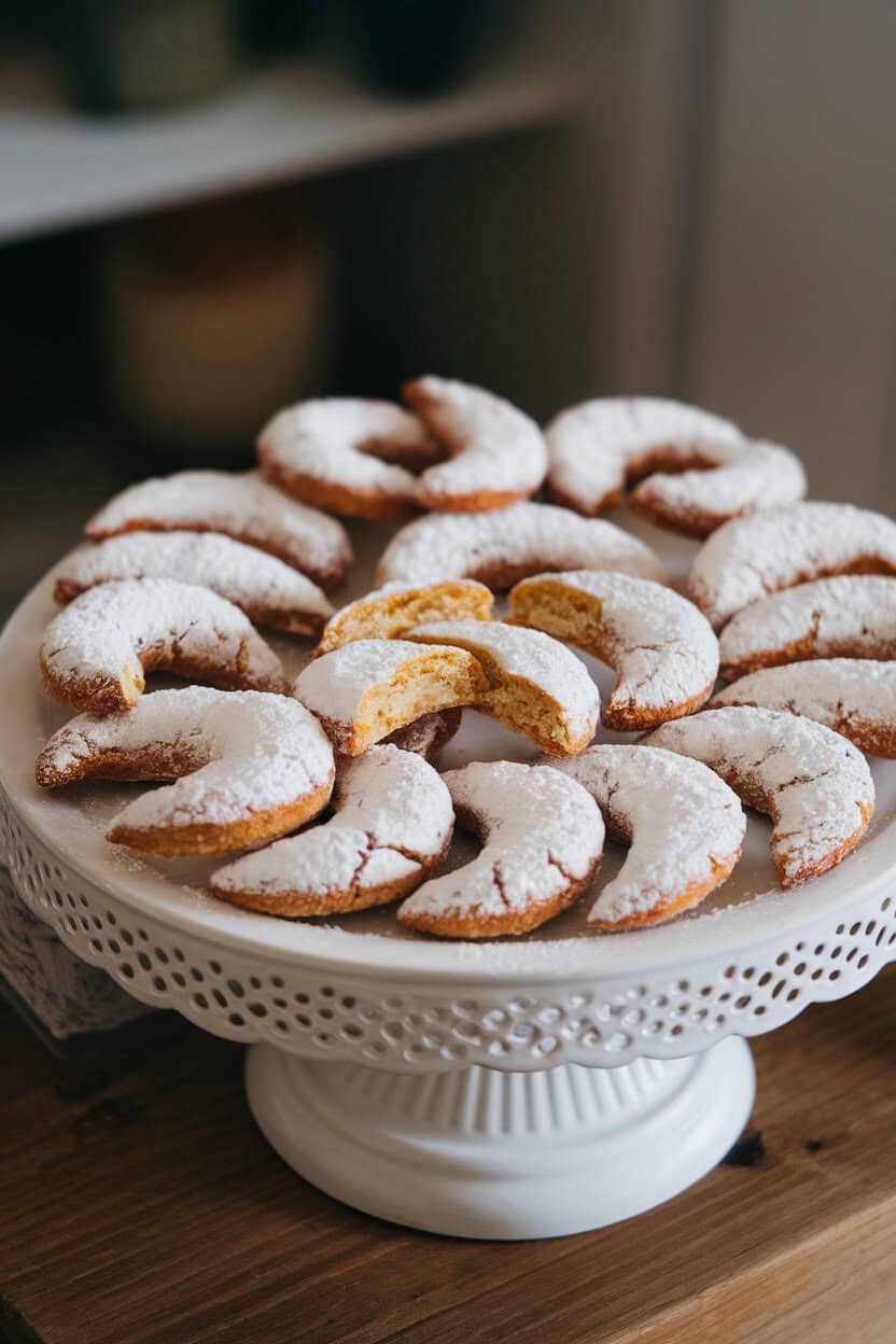 A white platter indoors with crescent-shaped almond cookies coated in powdered sugar, some broken open to show tender crumb; no text or brand marks.