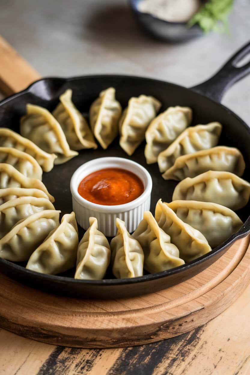 An indoor skillet showing golden potstickers arranged in a ring, with small ramekin of tamarind sauce. No text or logos.