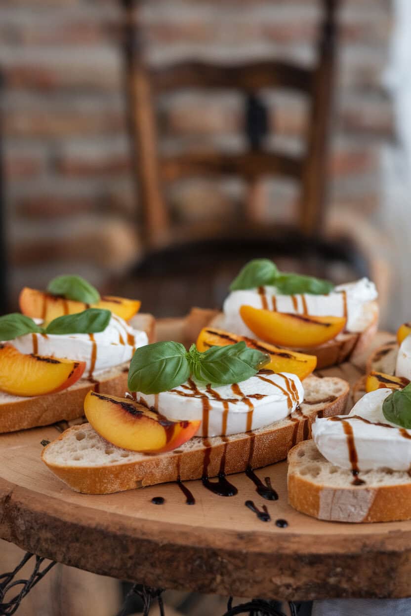 Photo of baguette slices indoors topped with creamy burrata, grilled peach wedges, and basil ribbons, drizzled with balsamic reduction; no text or logos