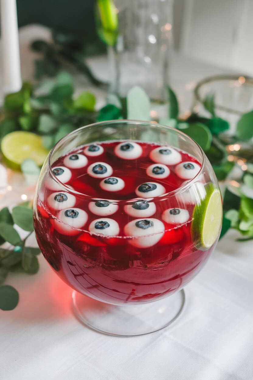 A clear indoor punch bowl containing red cranberry-lime punch with floating lychee “eyeballs” stuffed with blueberries. No text or logos.