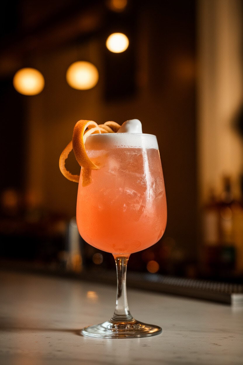 Photo of a tall fizz glass brimming with grapefruit gin cocktail and a white foamy cap, grapefruit peel ribbon curling down the side. Indoor bar lighting, no logos.