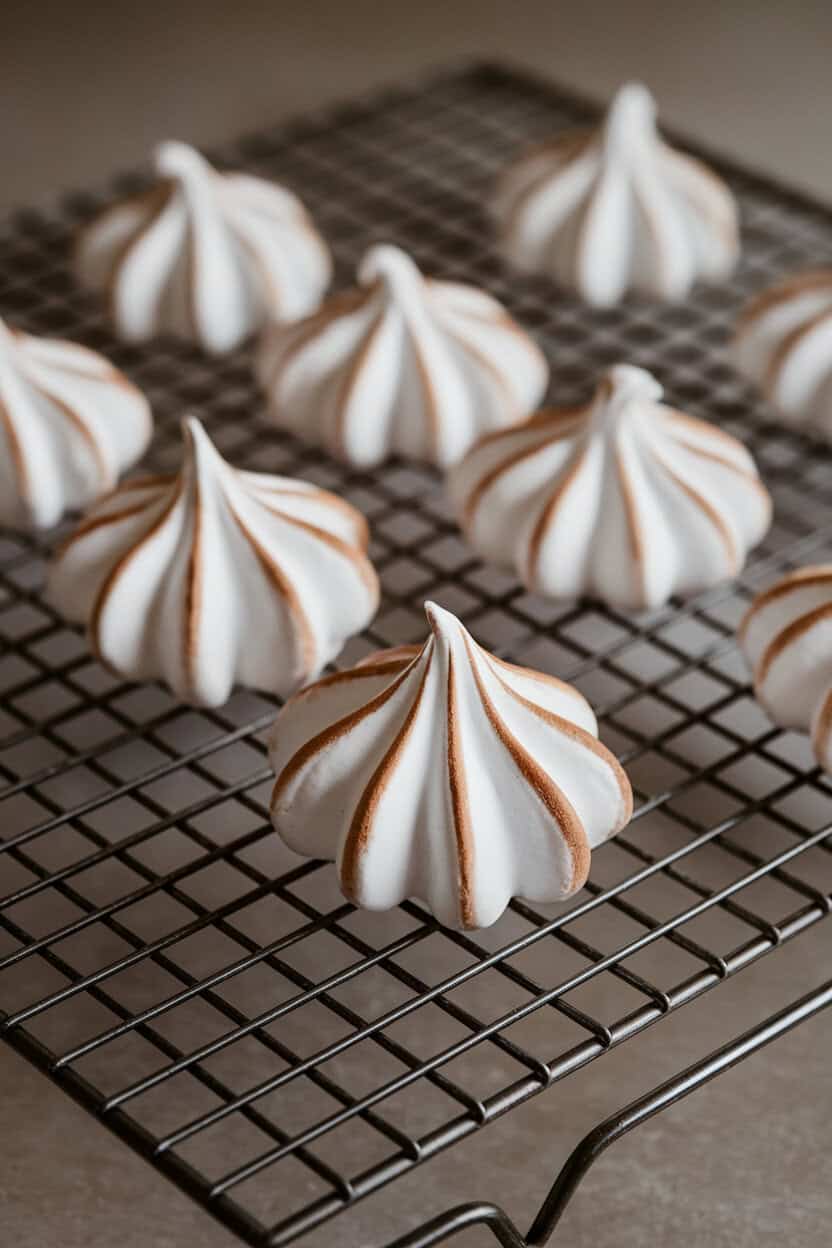 An indoor cookie cooling rack lined with brown sugar meringue kisses, glossy peaks catching light. No text or logos.