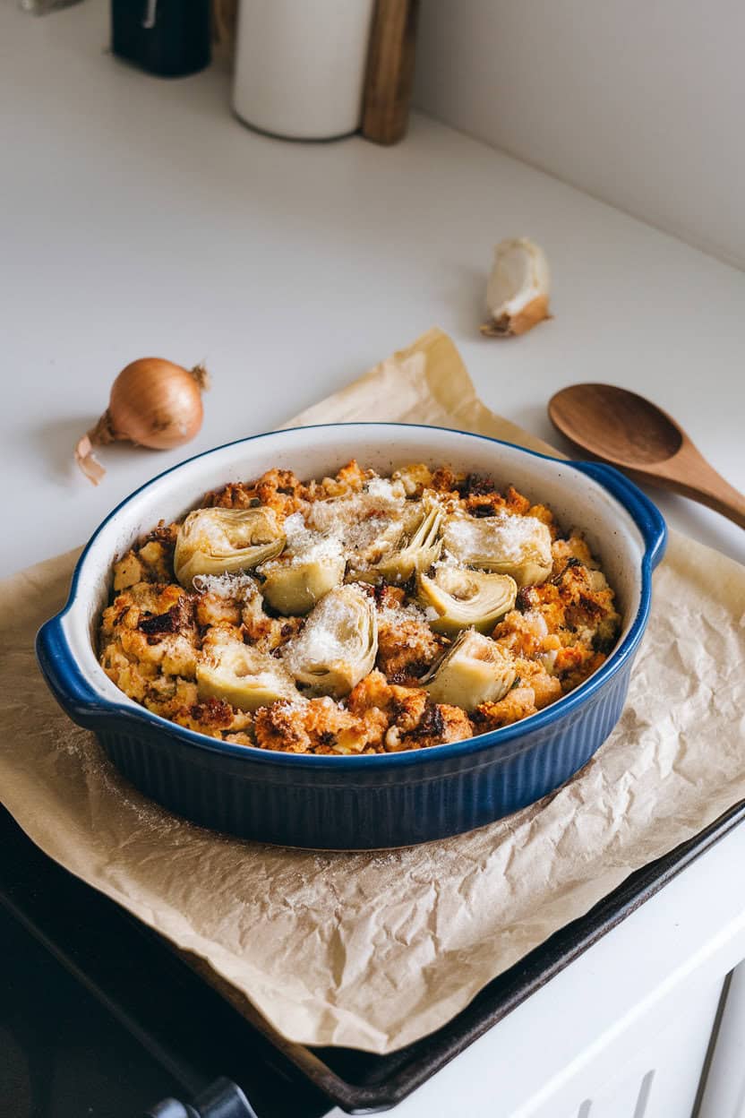 An indoor kitchen countertop with a ceramic dish of stuffing featuring quartered artichoke hearts and grated Parmesan on top. No text or logos; photo only.