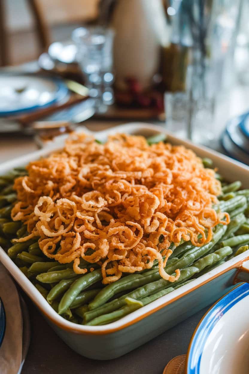 A casserole dish set on an indoor dinner table brimming with creamy green beans, topped with a layer of crispy fried onions just turning golden. No visible branding or text. Photo.</Prompt