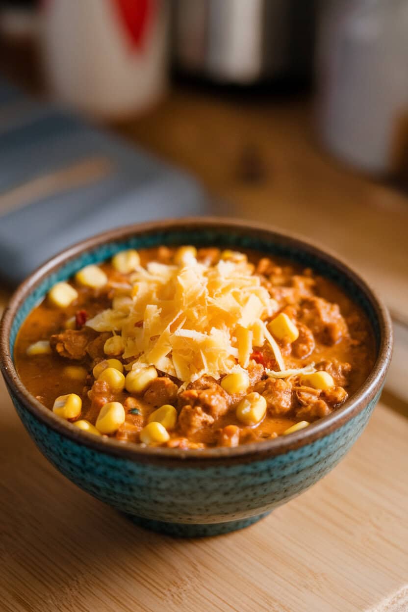 Indoor photo of a bowl of green Hatch chile chicken chili, sweet corn kernels peeking through, topped with Monterey Jack shreds; no text or logos