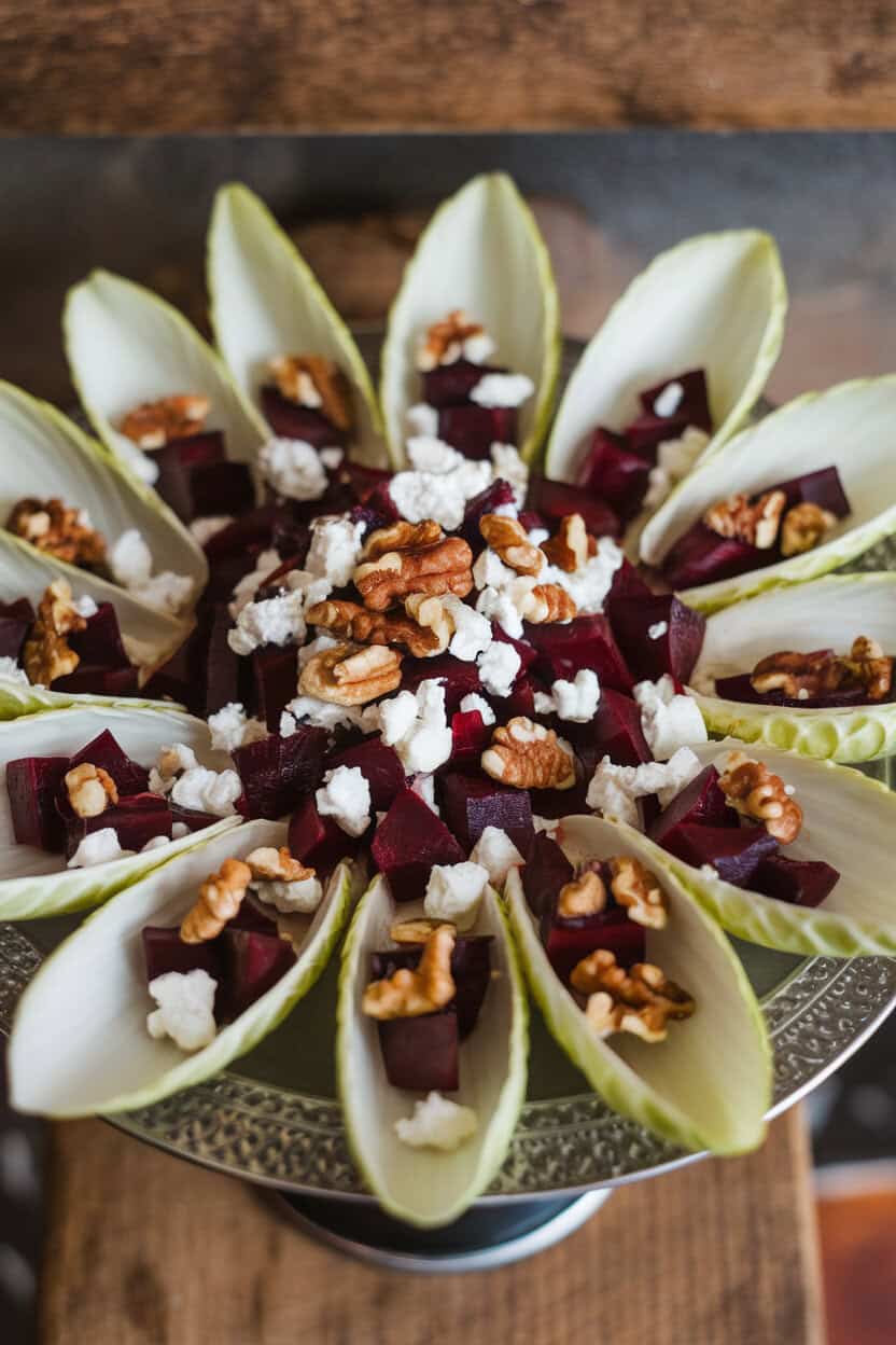 An indoor serving platter with crisp endive leaves cradling diced roasted beets, crumbled goat cheese, and chopped walnuts, photographed from a slight overhead angle. No text or logos. Photo only.