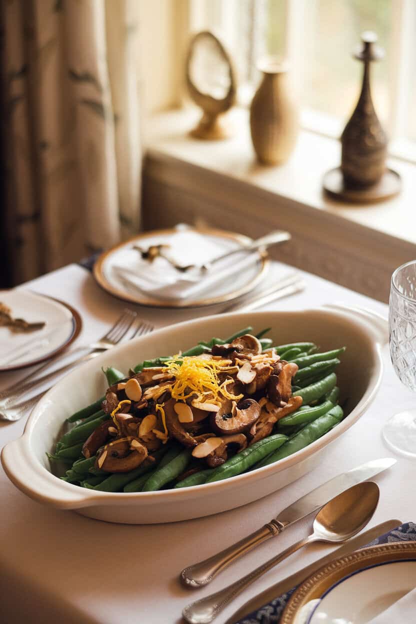 An indoor dining table with a white oval dish of blanched green beans, sautéed mushrooms, and slivered almonds topped with lemon zest. No text or logos; photo, not illustration.