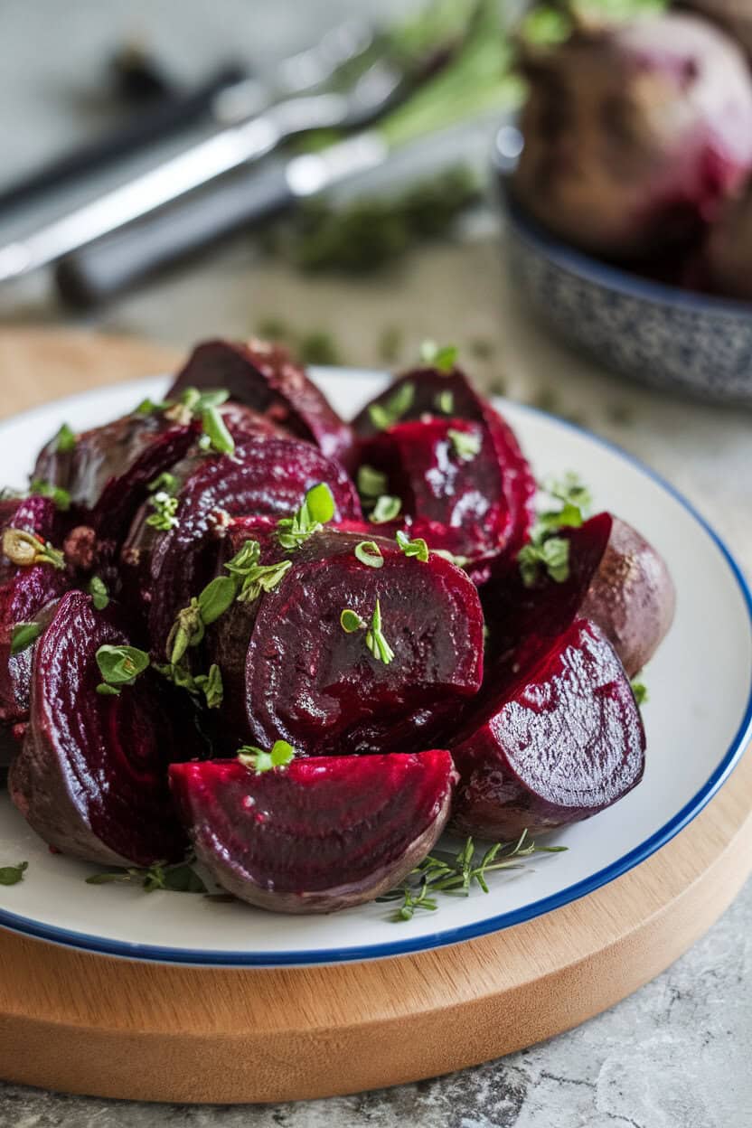Photo of an indoor plate with sliced roasted beets coated in a glossy ginger glaze, sprinkled with fresh herbs, no text or logos.