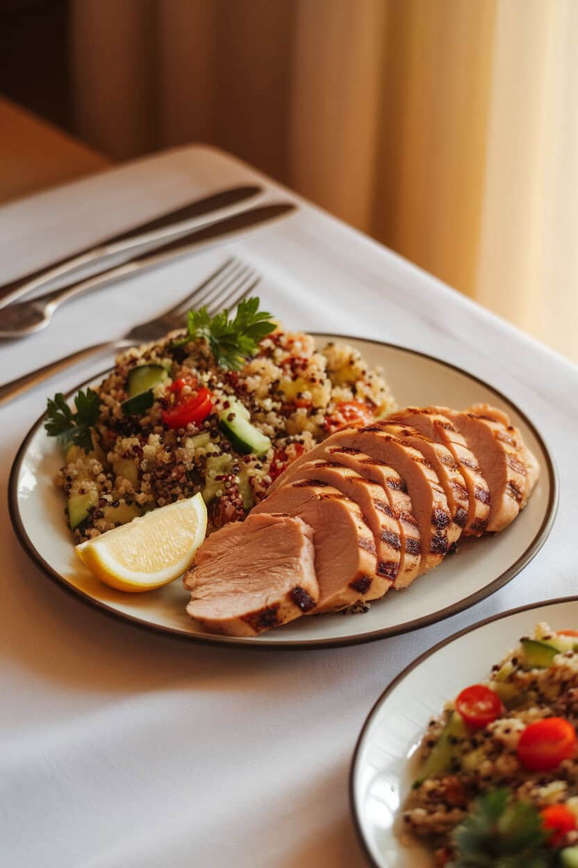 Photo of a warmly lit indoor dining table featuring sliced grilled chicken breast with visible grill marks, arranged beside a colorful quinoa salad dotted with cucumber, cherry tomatoes, and parsley. A lemon wedge rests on the plate. No text or logos anywhere in the scene; photograph, not illustration.