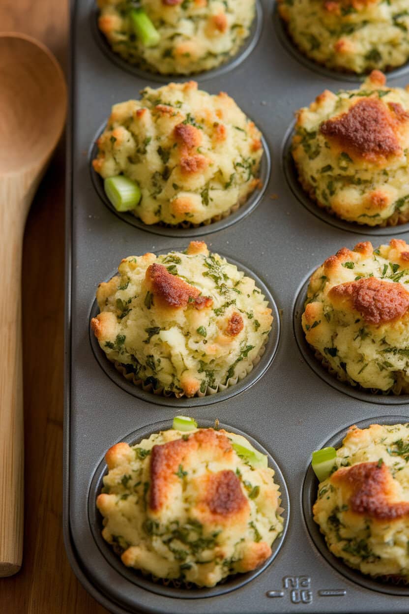 An indoor muffin tin filled with golden stuffing muffins studded with herbs and celery pieces; photo, no text or logos.