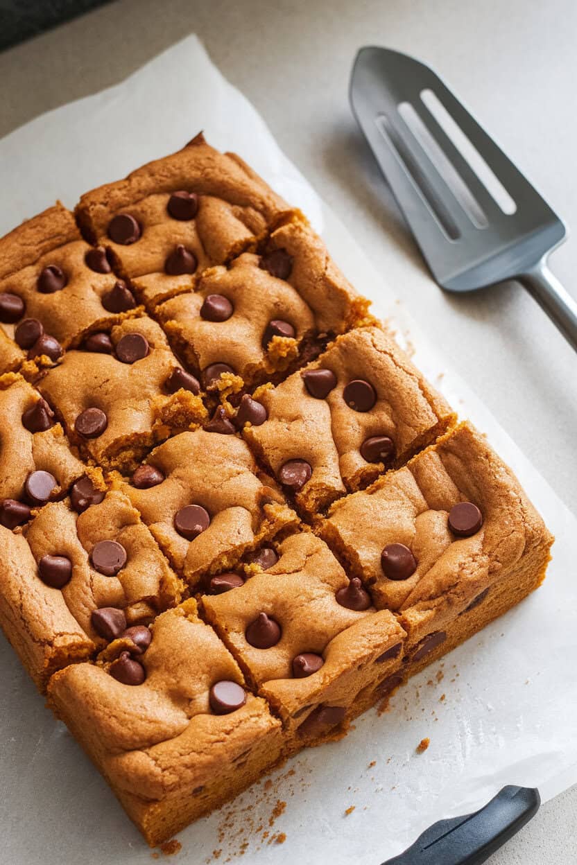Indoor countertop image of a pan of pumpkin blondies cut into squares, golden brown edges and chocolate chips studded throughout, spatula resting nearby. No text or logos. Photo only.