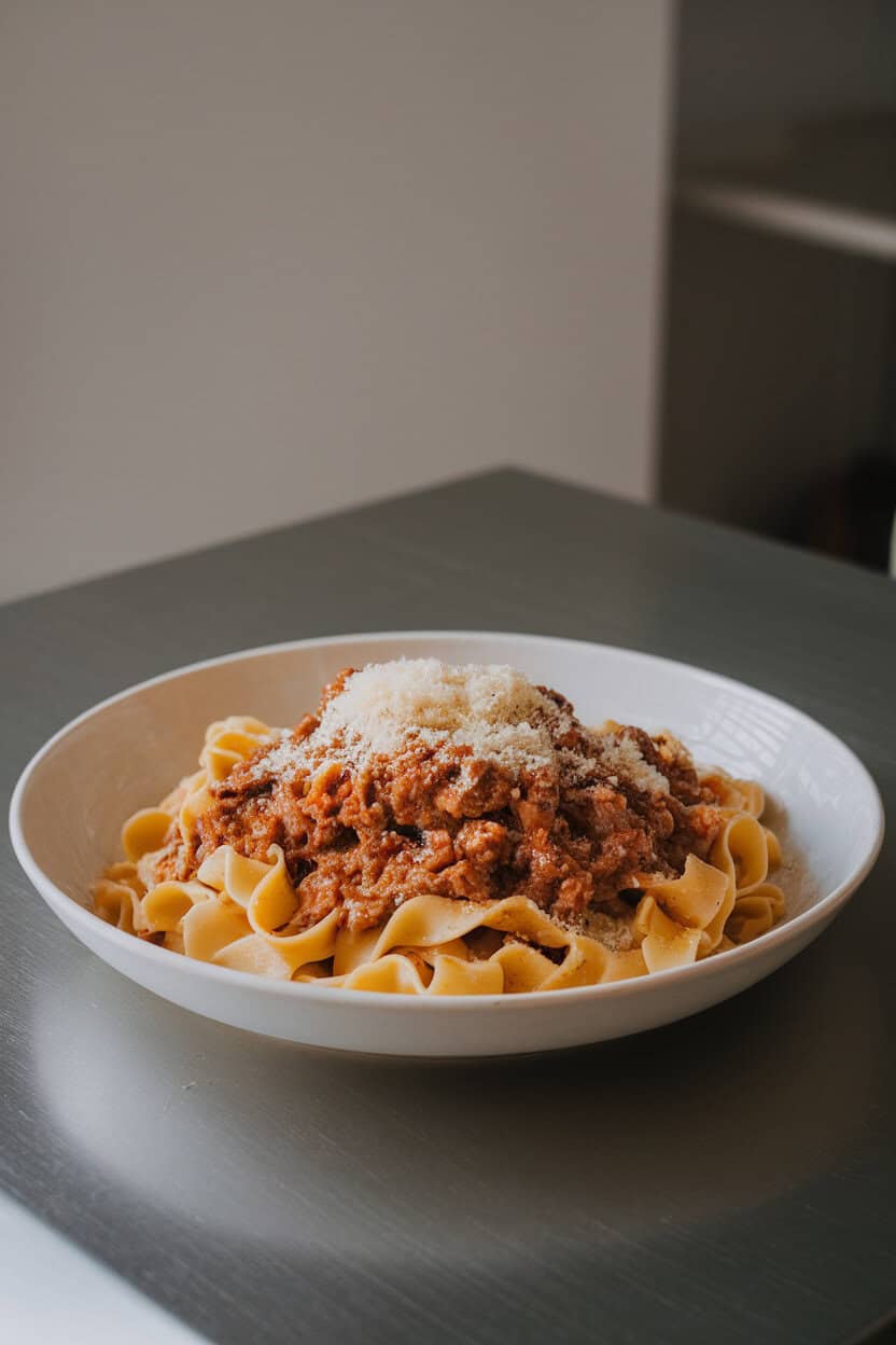 Photo of wide pappardelle noodles coated in slow-cooked lamb ragu, topped with grated Parmesan, indoor dining table, no text or logos.