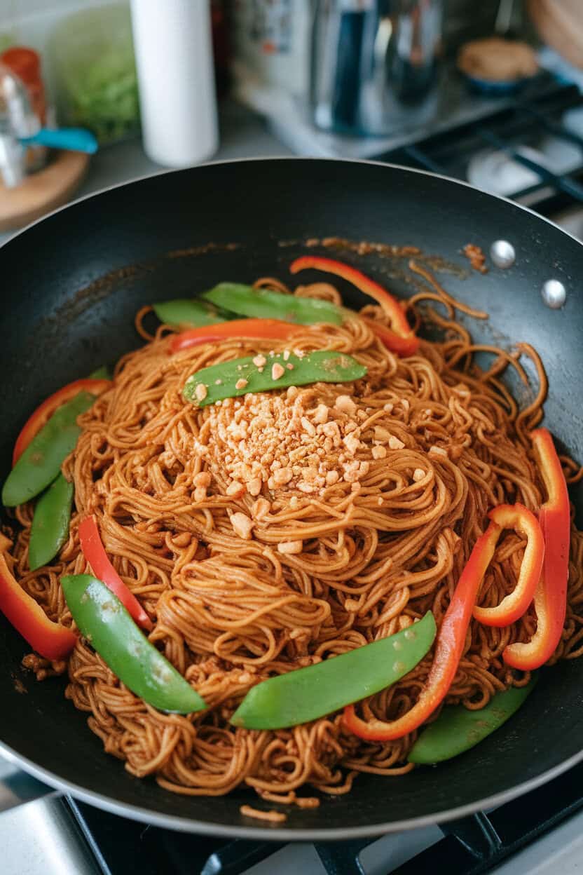 Indoor wok scene with rice noodles tossed in a glossy peanut sauce alongside bell pepper strips and snap peas, sprinkled with crushed peanuts. No text or logos.