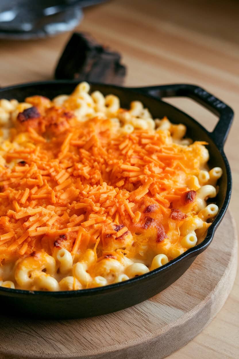 A cast-iron skillet of baked macaroni and cheese with bubbling cheddar top, shot indoors. No text or logos. Photo, not illustration.