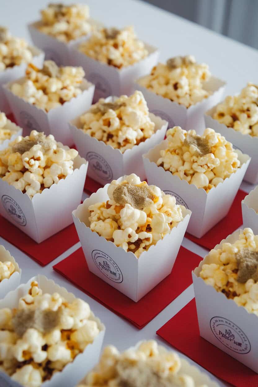 An indoor snack-table photo of individual paper cups heaping with white popcorn dusted in parmesan and truffle oil, placed on a red napkin. No text or logos visible.