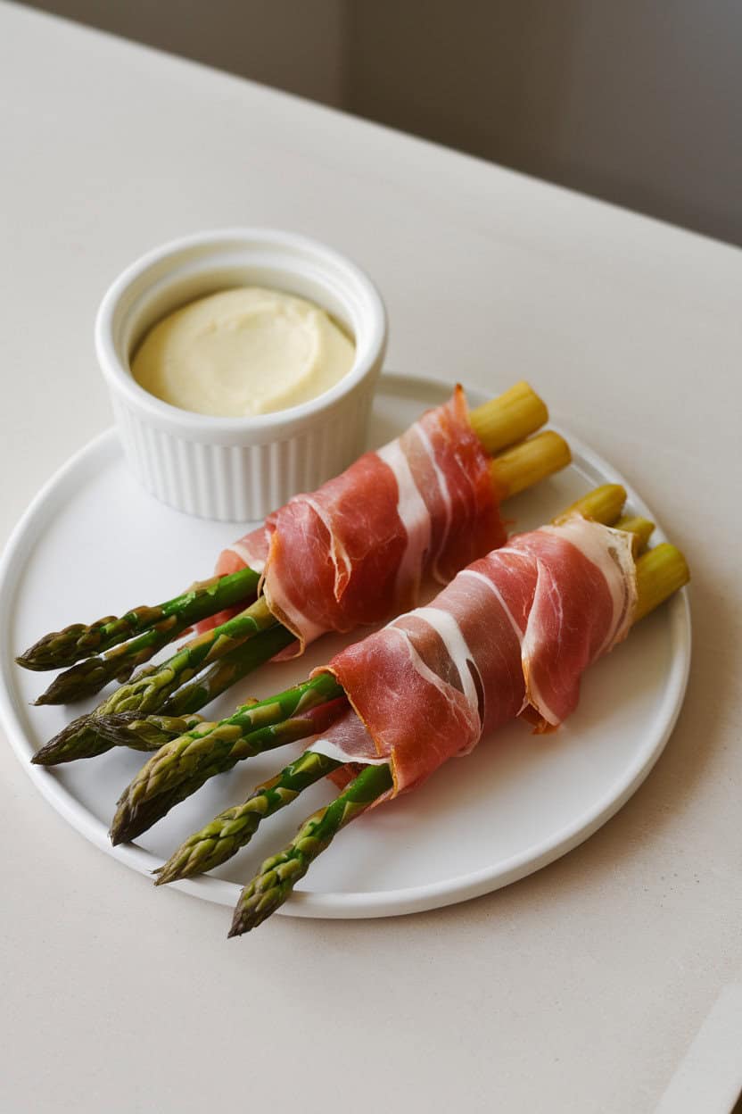 A small indoor platter of roasted asparagus spears wrapped in lightly crisped prosciutto, ramekin of pale lemon aioli beside. No text or logos.