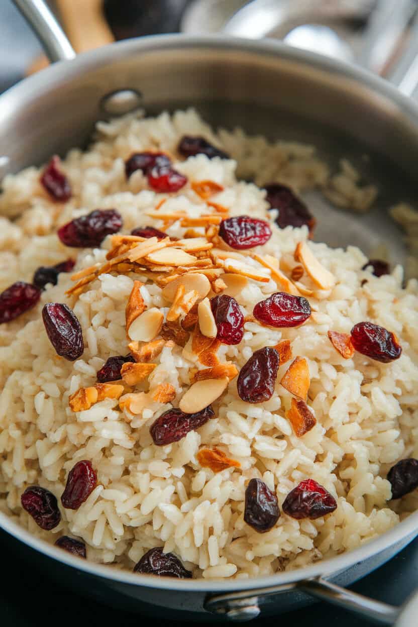 An indoor saucepan of fluffy rice pilaf dotted with dried cranberries and toasted almond slivers—no text or logos.