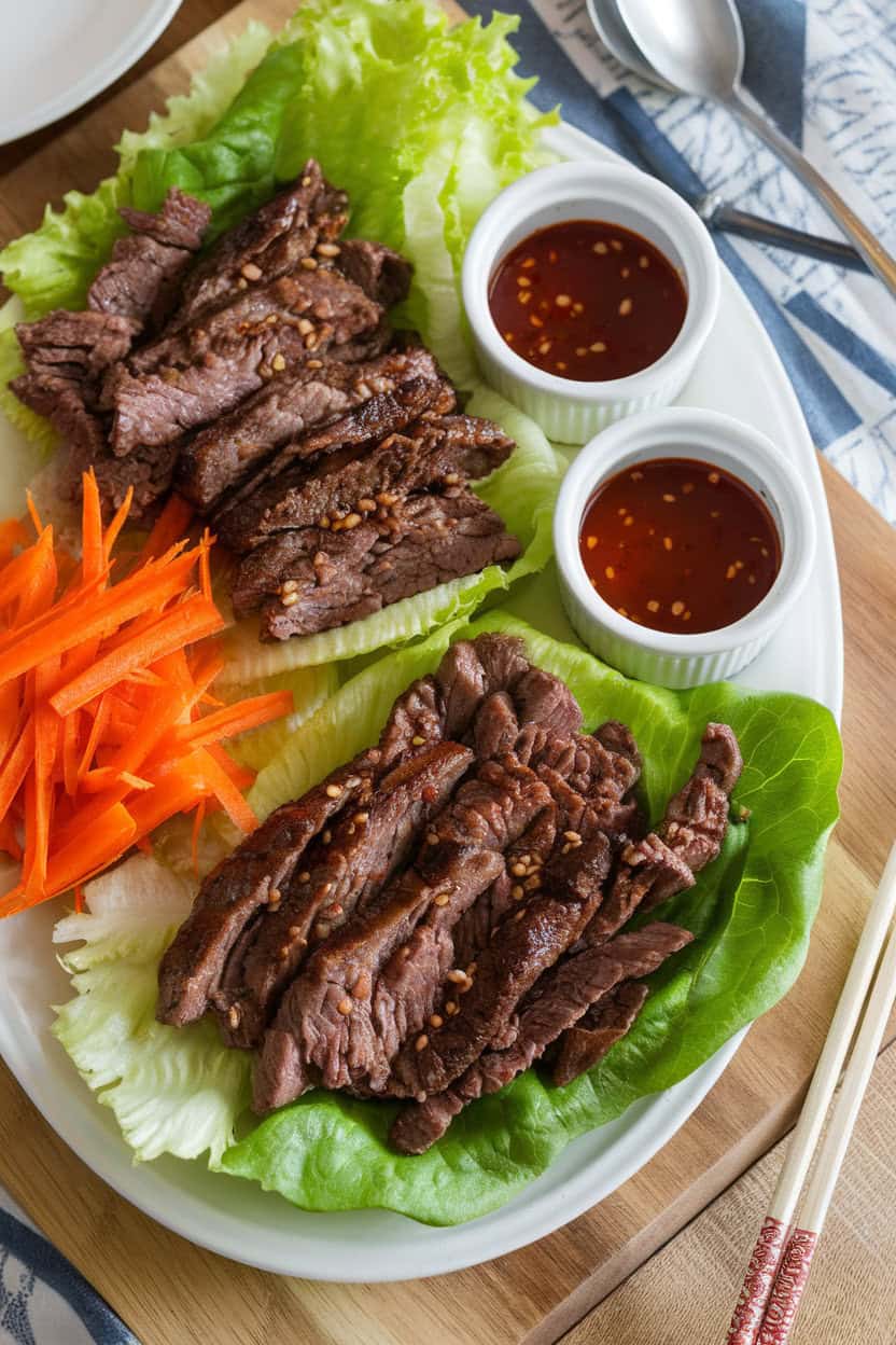 Indoor platter featuring cooked bulgogi beef strips, butter lettuce leaves, julienned carrots, and gochujang sauce in small ramekins. No text or logos anywhere.