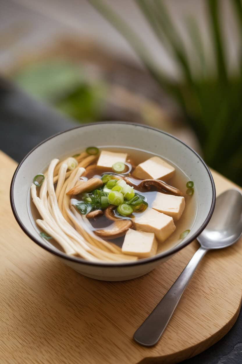 Indoor image of clear miso broth with enoki and shiitake mushrooms, tofu cubes, and scallions floating on top. No text or logos