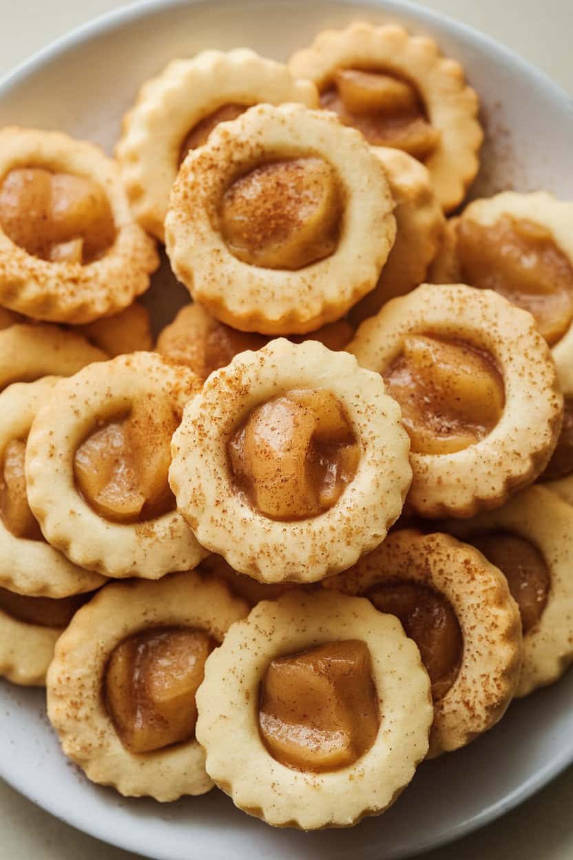 Indoor close-up of small butter cookies indented with spiced apple filling, sprinkled lightly with coarse sugar, no logos in view.