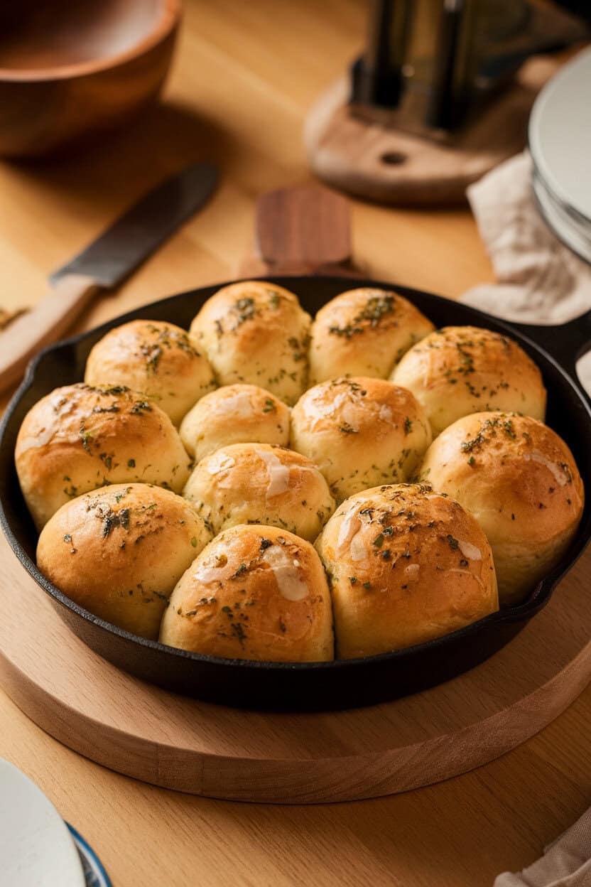 An indoor dining table with a round skillet of pull-apart bread, golden tops brushed with melted butter and speckled with parsley. No visible text or logos.
