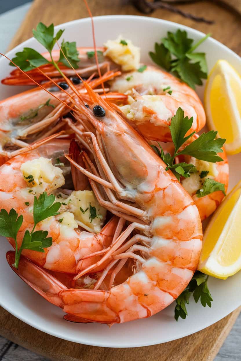 Indoor photo of cooked prawns shimmering in garlic butter with sprigs of parsley and lemon wedges. No text or logos.
