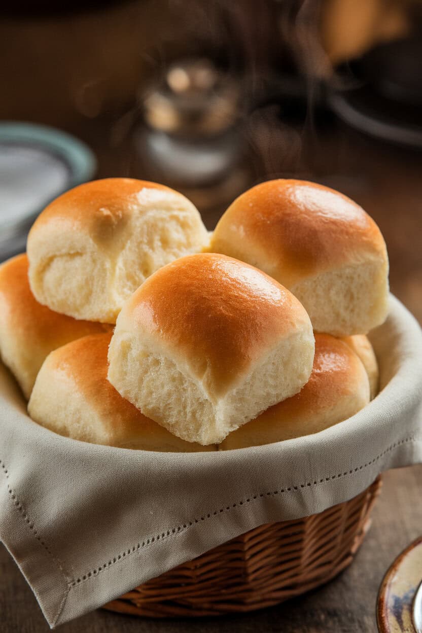 An indoor basket lined with a linen napkin holding fluffy buttered Parker House rolls, steam faintly visible; photo, no text or logos.