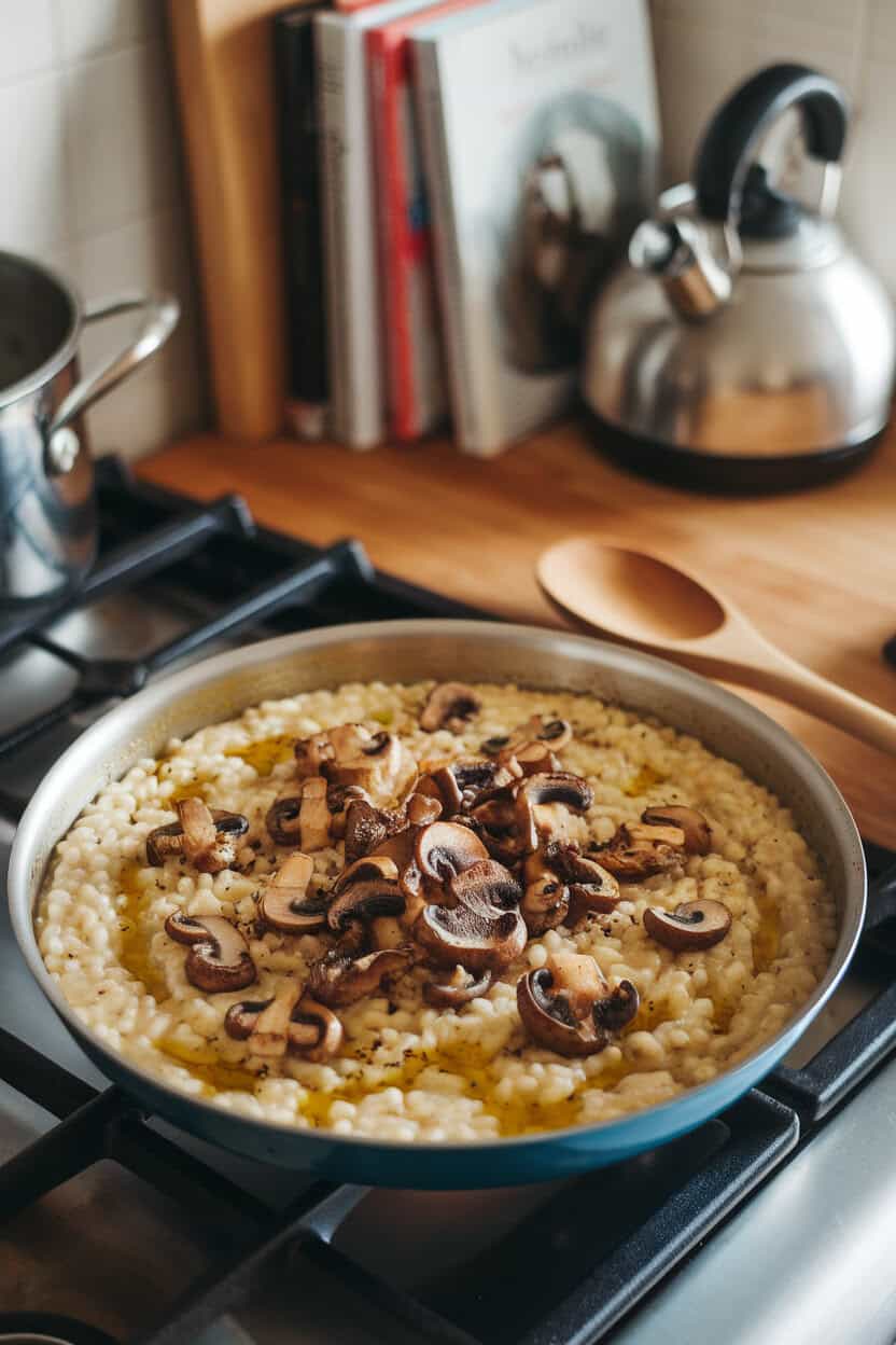An indoor stovetop scene showing a shallow pan of creamy risotto studded with sautéed mushrooms, drizzled with truffle oil, steam gently rising. No text or logos visible.