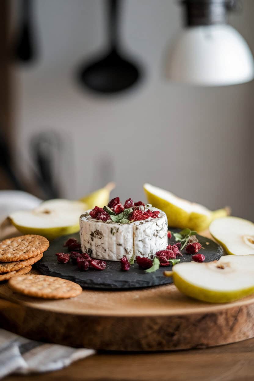 Soft indoor lighting on a rectangular slate with goat cheese rolled in chopped dried cranberries and herbs, surrounded by seeded crackers and fresh pear slices. Photo only, no text or logos.