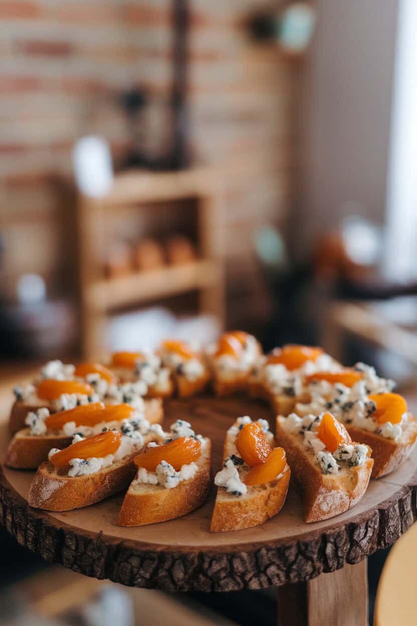 An indoor board with baguette slices topped with dried apricot pieces, blue cheese crumbles, and a drizzle of honey. No text or logos.