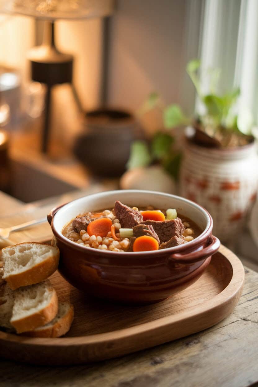 A ceramic bowl of chunky beef stew with pearl barley, carrots, and celery on an indoor farmhouse table. No text or logos; photo, not illustration.