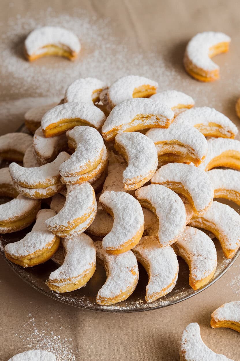 An indoor platter piled high with crescent-shaped Greek kourabiedes, each buried under a mountain of powdered sugar. No text or logos present. Photo, not illustration.