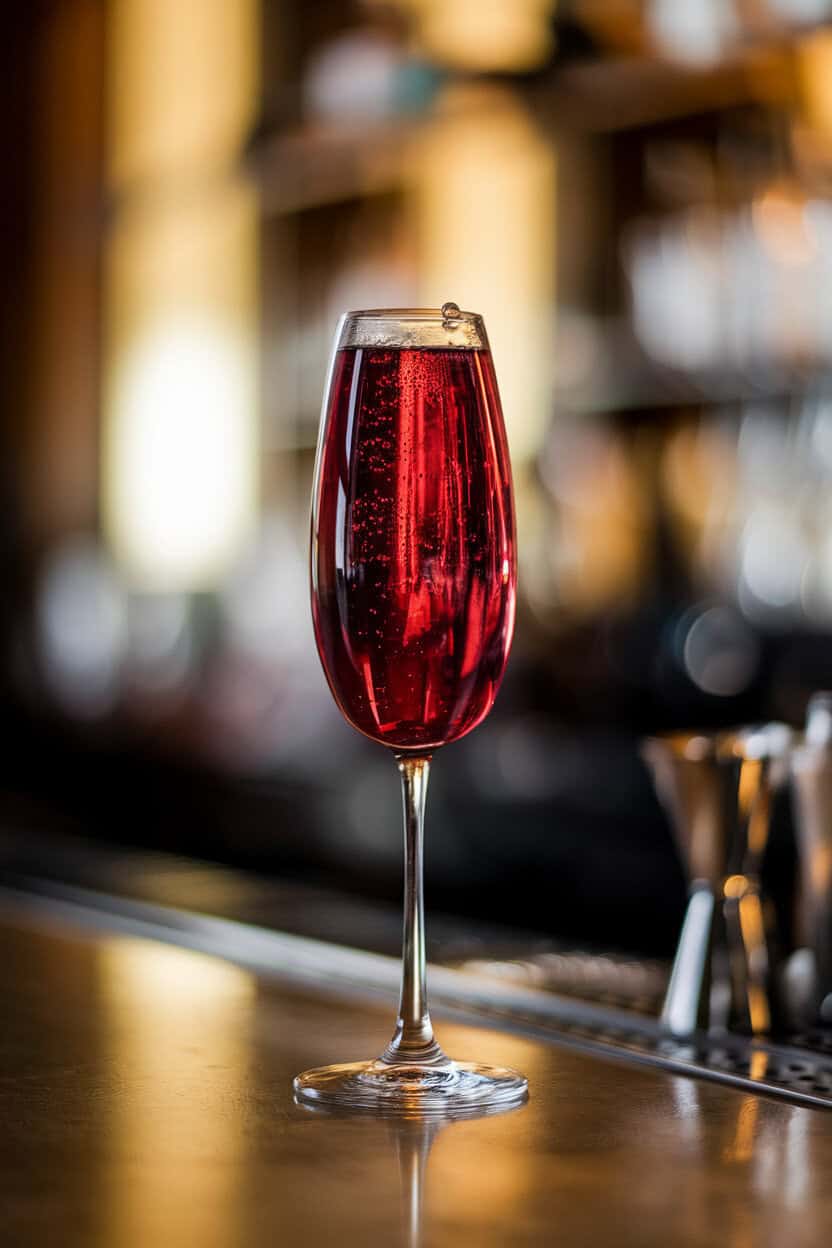 Close-up photo of a slender flute filled with deep ruby Kir Royale, a few tiny bubbles rising, set on a polished bar under soft indoor lighting. No logos or text anywhere.