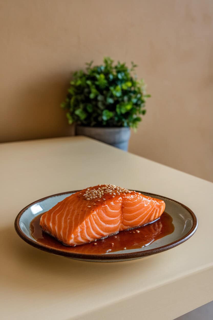 An indoor dining table featuring a glazed salmon fillet on a small plate, the teriyaki sauce pooled around it and a few sesame seeds sprinkled on top. No raw fish visible; salmon is clearly cooked. No text or logos. Photo, not illustration.